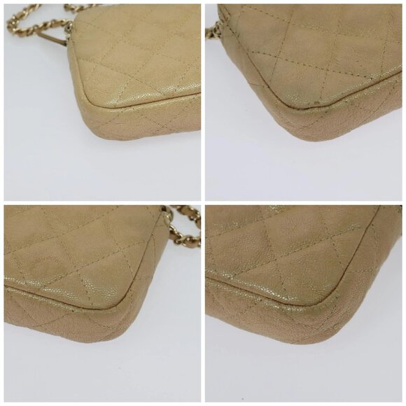 CHANEL Matelasse Chain Shoulder Bag Grained Calf Skin Beige Gold CC Auth 138257 - Picture 14 of 16